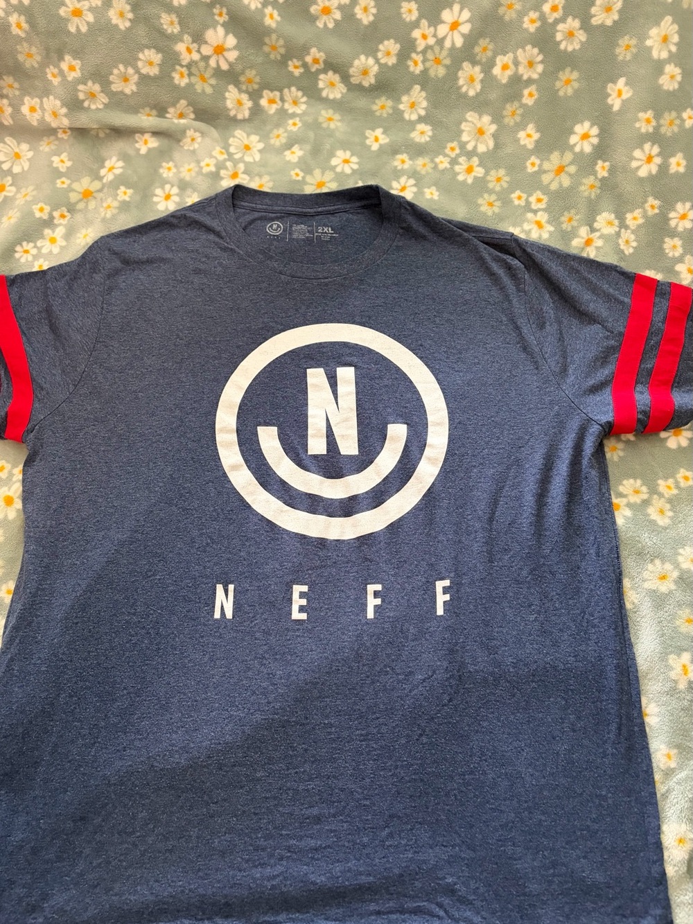 Neff Navy Short Sleeve Tee with White Logo and Red Sleeve Stripes